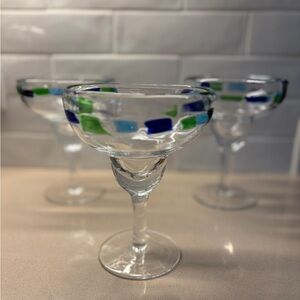 Pier 1 Mexican Blue and Green Fused Glass Hand Blown Margarita Glasses Set of 3
